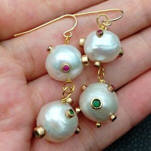Freshwater White Keshi Pearl Crystal Cz pave Hook Earrings