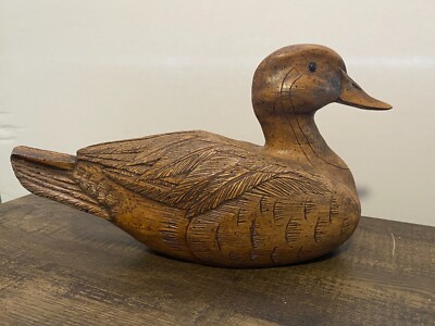 Wooden Duck Decoy Glass Eye Hunting Bird Mallard Hand Carved - 13'' x 5.5'' x 7.5''