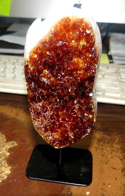 LG. VERY DARK CITRINE CRYSTAL CLUSTER GEODE FROM BRAZIL CATHEDRAL W' STEEL BASE 