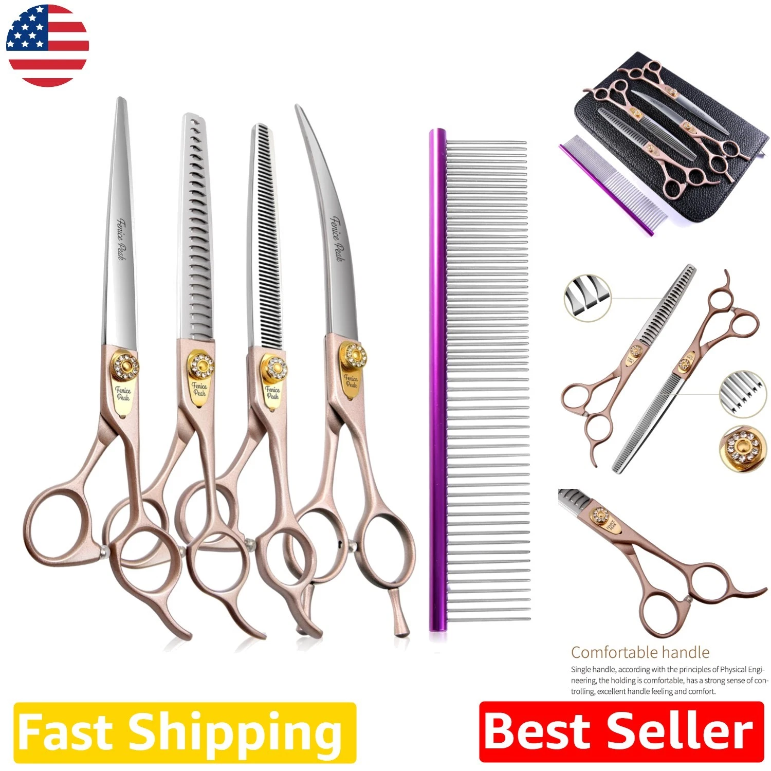Pro Dog Grooming Scissors 4pc 7" 440C Steel Rose Gold Curved Thinning Set