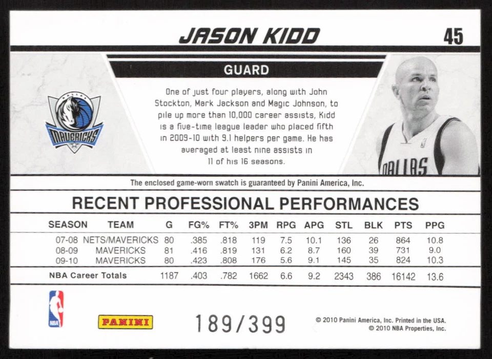 2010-11 Donruss Production Line Materials #/399 Jason Kidd #45 Mavericks - Image 2 of 2