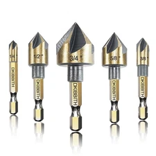 Countersink Drill Bit Set, 5pc, 1/4" Hex Shank, 82 Degree Countersink Holes f...