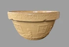 Antique Lg 9.5” Yellow Ware Mixing Bowl  Girl w/ Watering Can, Stamped "166 USA"