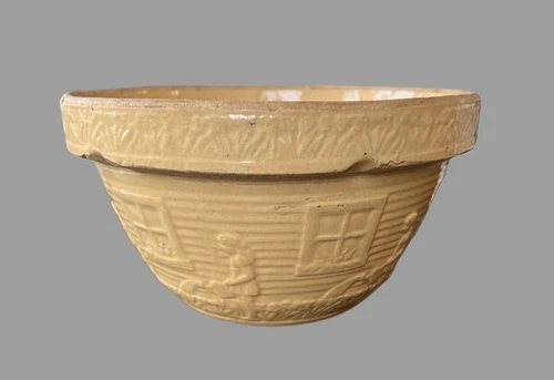 Antique Lg 9.5” Yellow Ware Mixing Bowl  Girl w/ Watering Can, Stamped "166 USA"