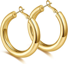925 Sterling Silver Post Chunky Gold Hoop Earrings, 14K Gold Plated Earrings for