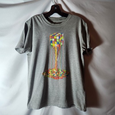 Melting Rubik's Cube Graphic T-Shirt Psychedelic Art Tee Heather Gray Retro