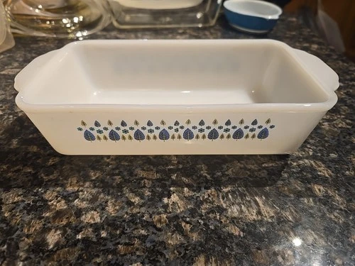 VTG MCM Fire King Swiss Chalet Loaf Pan Blue Green Rectangle Glass Baking Dish