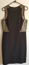 Women's Ann Taylor Sleeveless Black Dress Gold Metallic Trim Back Zipper Sz8