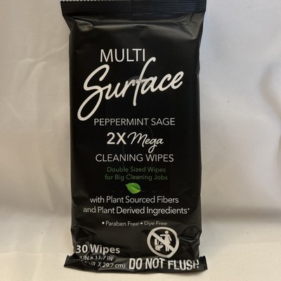 New ! 30 Wipes Multi Surface Peppermint Sage 2 X Mega Cleaning Wipes Dye Free 