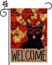 Welcome Valentine'S Garden Flag 12 X 18 Inch Double Sided Black Cat Golden Red L