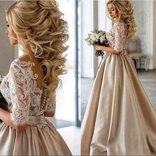 Customized Evening Dresses Long Half Sleeves Champagne Satin A Line Prom Dress