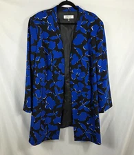 Kasper Long Blazer Jacket Women's Size 24W Royal Blue & Black Floral Open Front