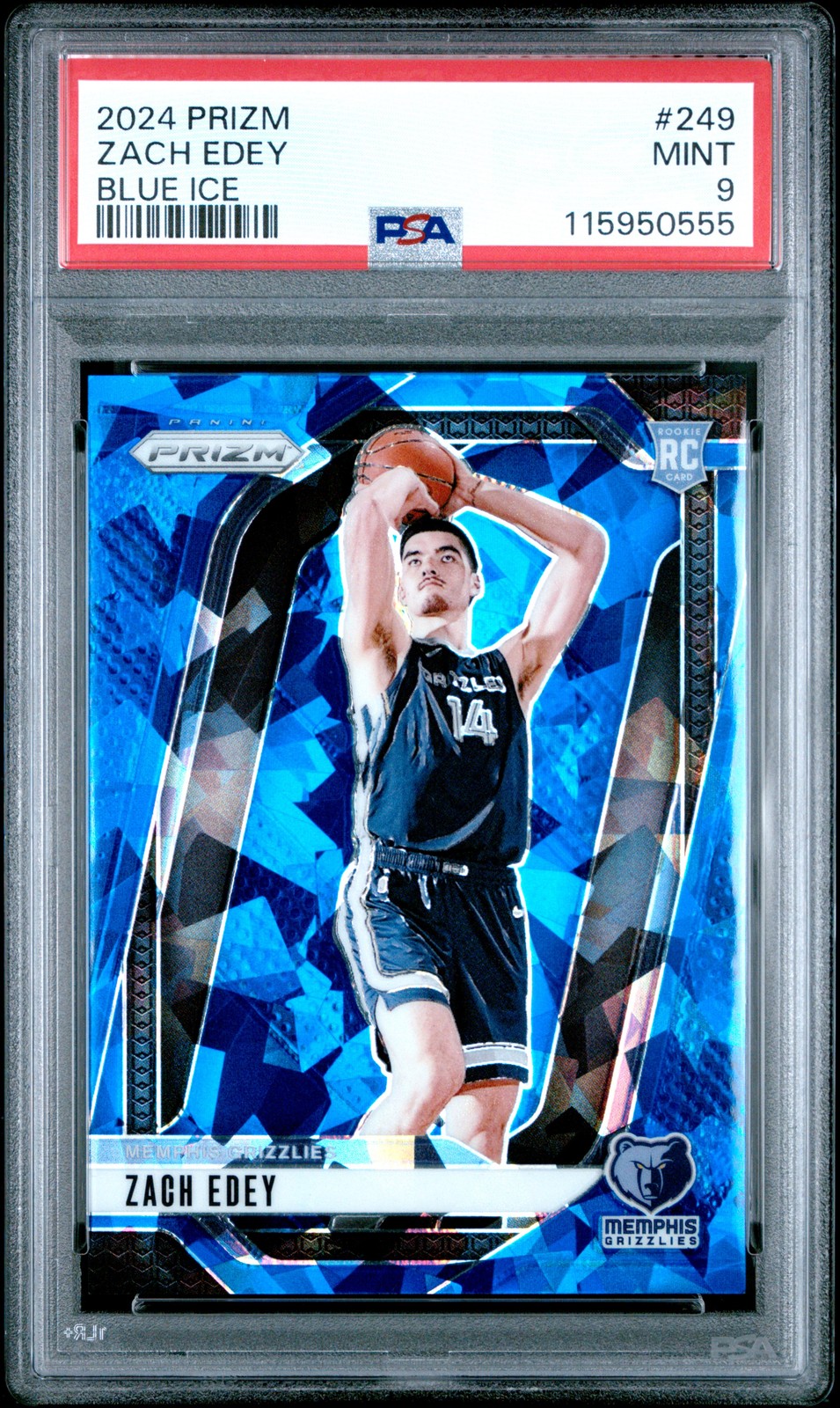 2024 Panini Prizm #249 Zach Edey Blue Ice Prizms Rookie Card RC /125 PSA 9