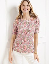 Talbots Women's Ruched Cuff Crewneck Tee - Branching Florals Size Sp
