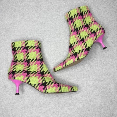 Betsey Johnson Parkker Ankle Boots Houndstooth Green Pink Twee Womens 7.5
