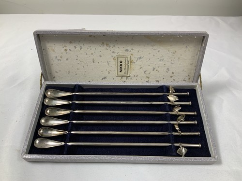 MCM Mid Century Sterling .925 6x Nikko Cocktail Stir Sip Straw Spoons w/ Charms
