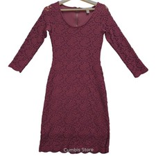 Forever 21 Dress Womens Small Burgundy Lace Bodycon 3/4 Sleeve Scallop Hem Lined