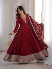 Anarkali Gown Dupatta Maroon Vichitra Silk Party Wear Wedding Dress Set Women