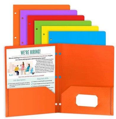6 Plastic File Folders, Colored With Business Card Holder, 3 Hole Punch