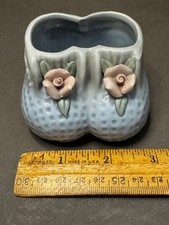 BLUE DIMPLED CERAMIC PURPLE ROSE BABY BOOTIES CERAMIC PLANTER VINTAGE