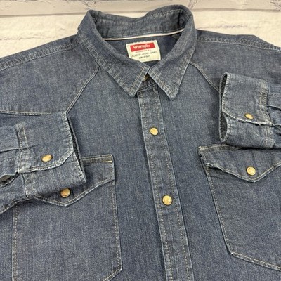 Wrangler Mens Denim Pearl Snap Shirt 2XL Indigo Stretch Western Cowboy JSD4AWB