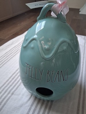 Rae Dunn JELLY BEANS Ceramic Easter Egg Shape Birdhouse Green with Pink Bow 12.5