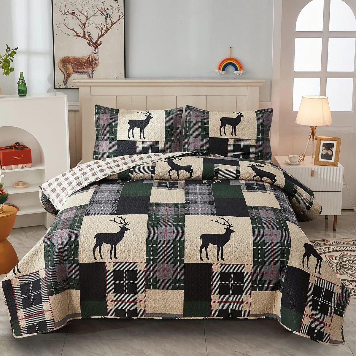 Lodge Bedspread King Size Rustic Cabin Quilt Set Deer Printed