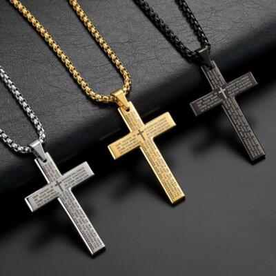 Cross Pendant Necklace for Men Stainless Steel Lord's Prayer Bible Ch Prof  U3I5