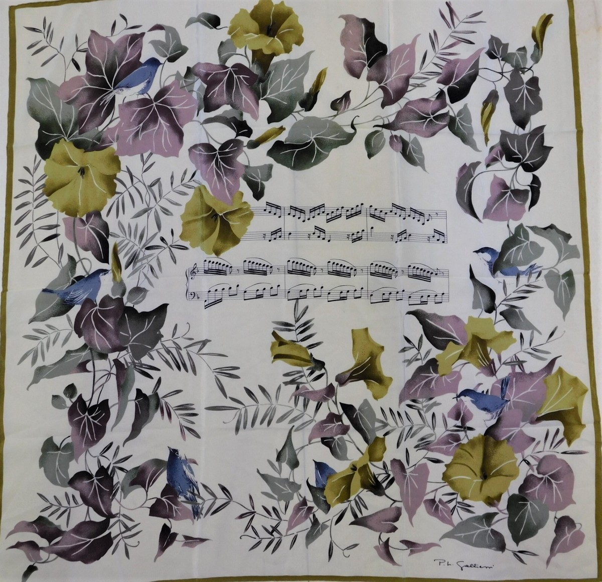 Foulard Vintage 100% Soie Pure - Femme - Dimensions 84x88cm - Marque P.L.Gallieni (1881) - Occasion Très Bon état