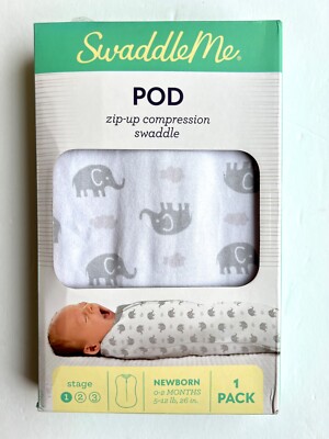Swaddle Me Pod pc, Gray Elephants, zip-up compression  swaddle