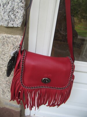 NWT Coach Dakota Whiplash Fringe Flap SB / Red Currant/ Chain