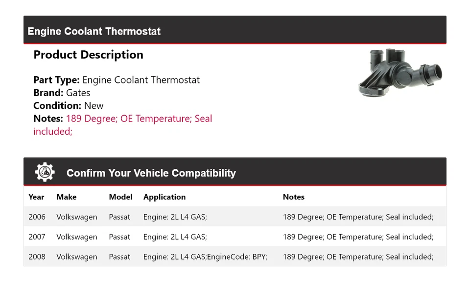 Para Volkswagen Passat 2006-2008 2L L4 Motor Gas Refrigerante Termostato Puertas 2007 Foto 2 de 4