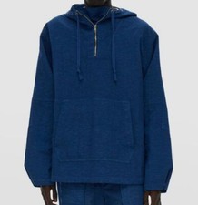  595 Helmut Lang Men's Blue Cerulean Pullover Quarter Zip Hooded Jacket Size L