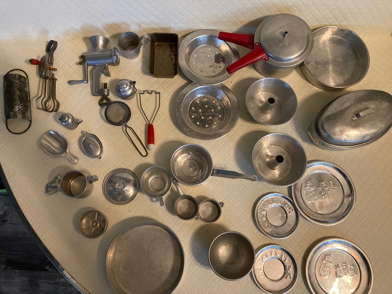 1950’s Toy Aluminum Cookware, Utensils, Meat Grinder & Egg Beater
