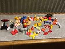 40 small play toy road signs and traffic cones, fire extinguisher