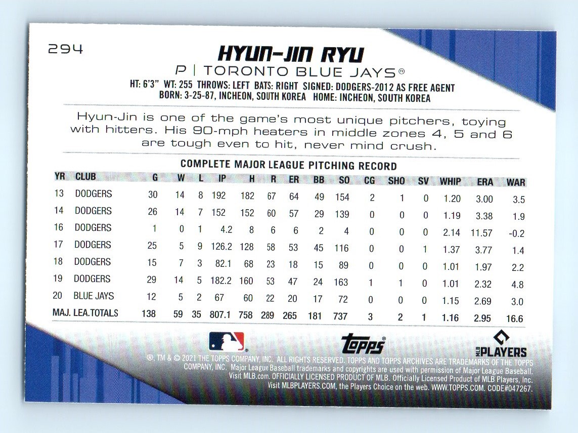 2021 Topps Archives Hyun-Jin Ryu Toronto Blue Jays #294 | eBay