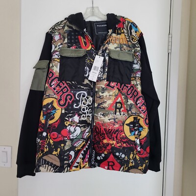 NWT Reason Men's Jacket L Berlin Multicolor Allover Print Hooded Animal 