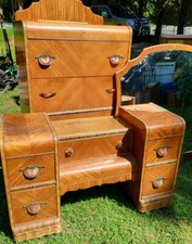 Vintage Unrestored 1930s Art Deco Waterfall Vanity W/ Round Mirror & Dresser