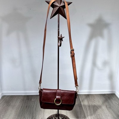 Overland 100% Leather Burgundy Crossbody Bag Brass Ring Flap Purse Adjustable