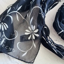1990s ECHO Black Silk Scarf White Floral Rolled Edge Parisian Signed 53"