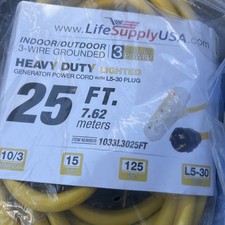 25 Ft. 125-Volt 15 Amp Generator Power Cord With L5-30 Plug Heavy Duty Lighted