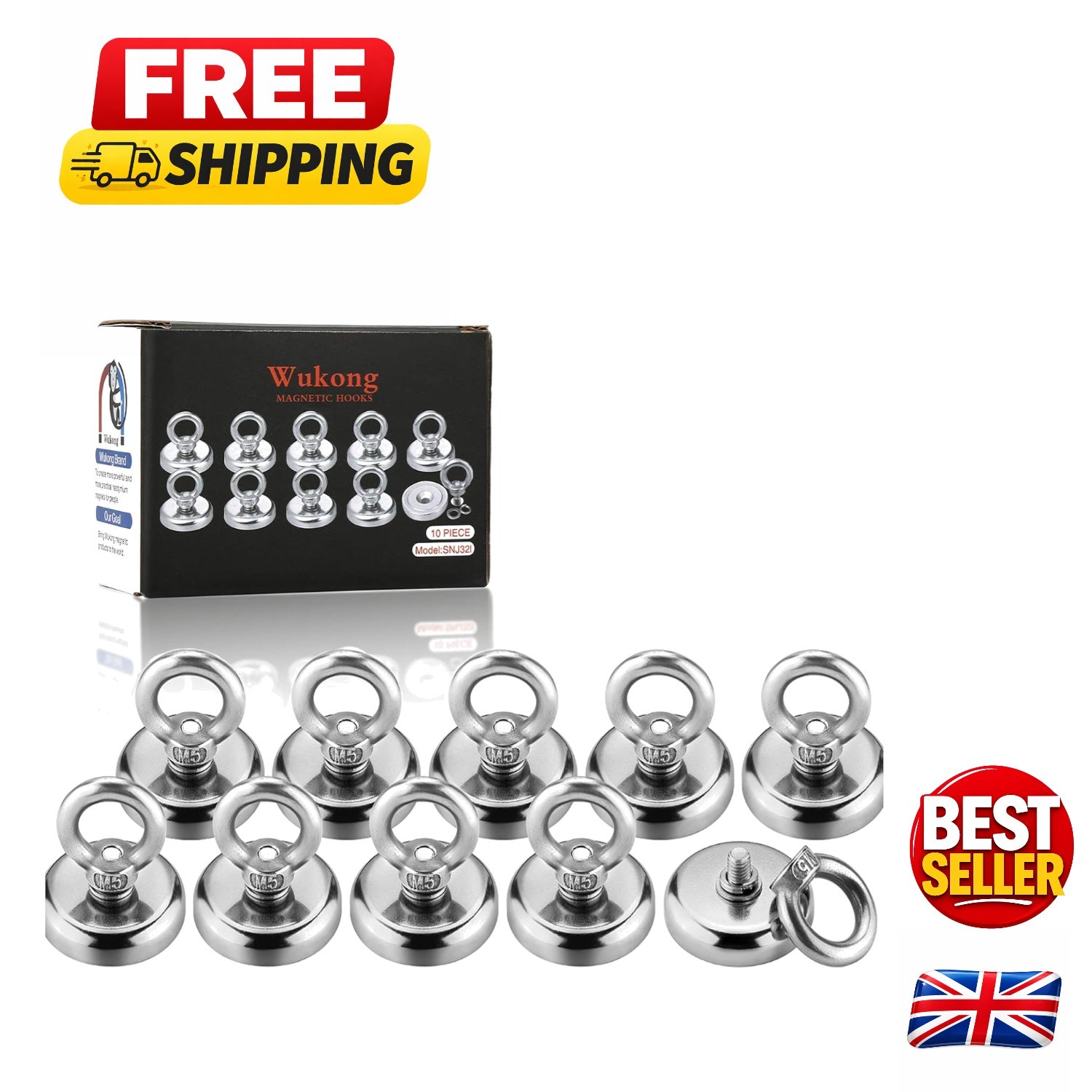 Heavy Duty Neodymium Magnetic Hooks with Eyebolt - Rust-Resistant & Durable