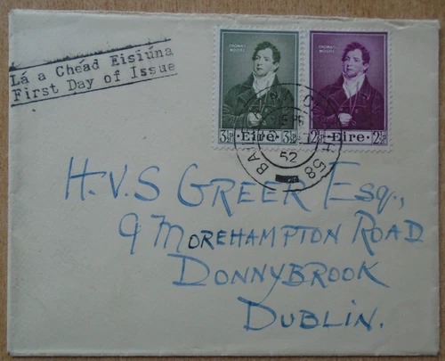 Ireland - SG152 / 153 1952 Thomas Moore Death Centenary first day cover.