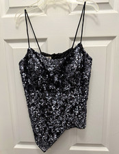 Cache Black/Silver Sequin Spaghetti Strap Cami Top Lined Scoop Neck Size L