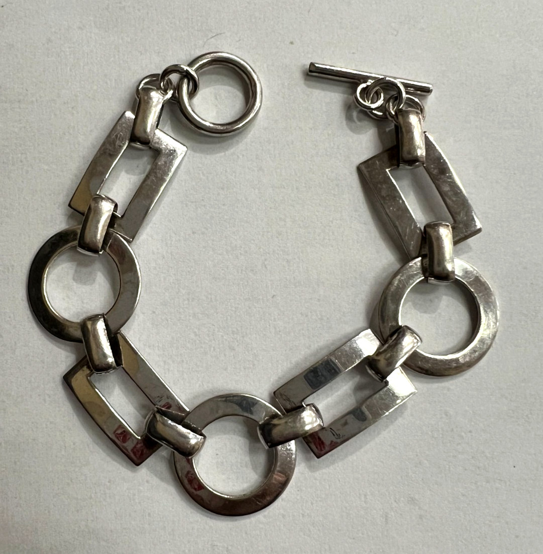 CIRCLE RECTANGLE LINK STERLING SILVER TOGGLE BRAC… - image 1