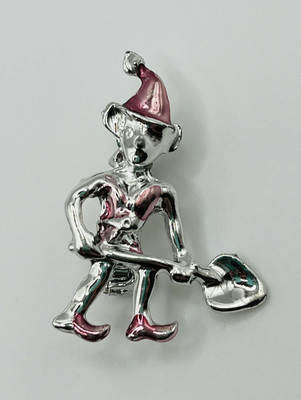 Vintage Pixie Elf Gnome Shoveling Silver Tone Pin Brooch