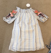 Hayden Los Angeles Girls Striped A-Line Dress Floral Embroidered Flared Sleeve