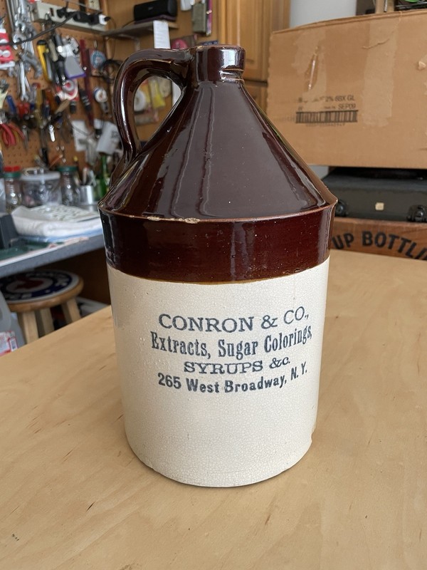 Conron & Co one gallon extract jug/crock - white w/ brown glazed top,  est 1902