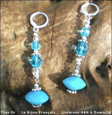 CRISTAL & VERRE TURQUOISE Bijou Français Boucles d'Oreille Livré en 48h Domicile - Photo 1/4
