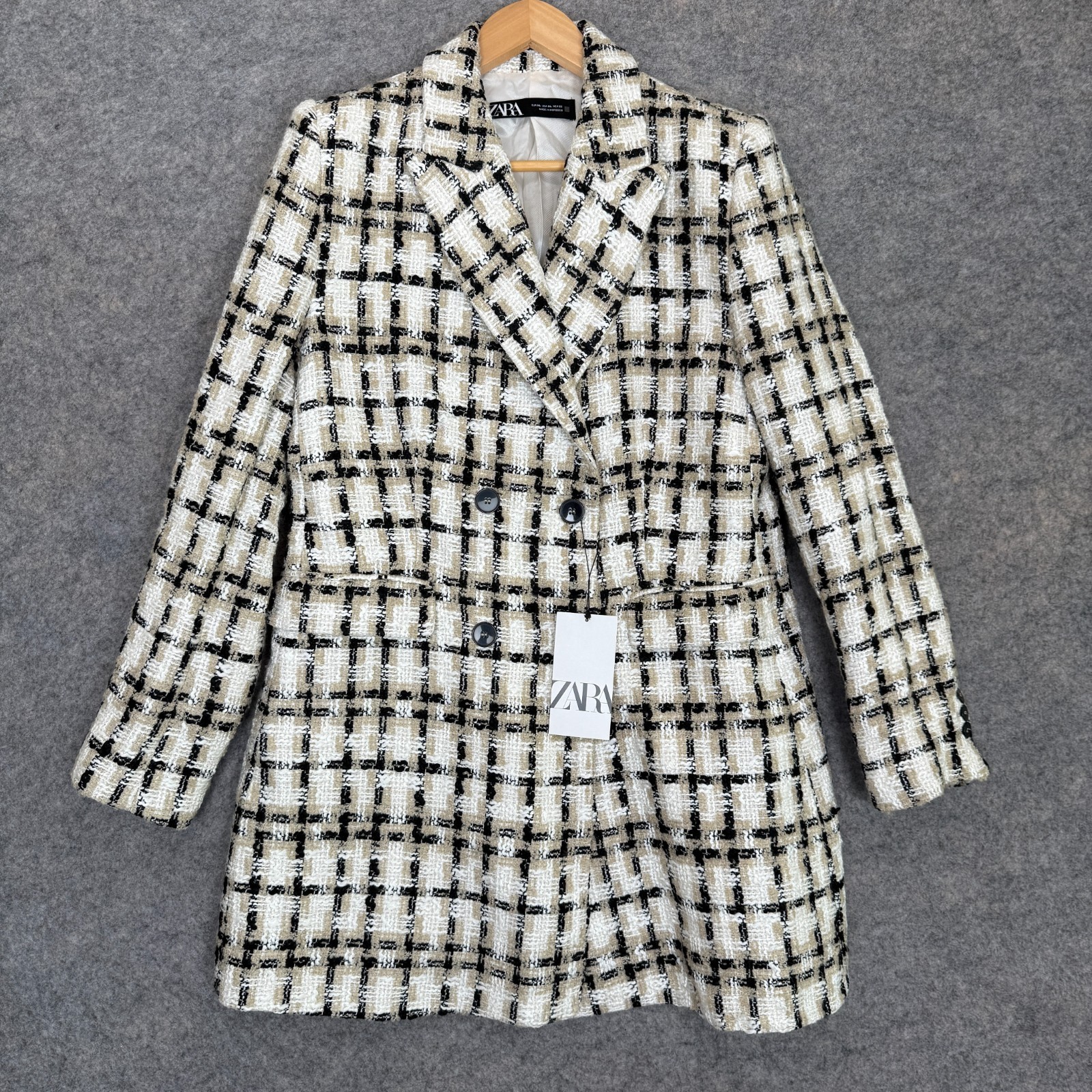 Zara Double Breasted Tweed Blazer Jacket Womens XL Textured Taupe Plaid NEW NWT